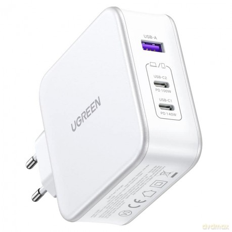 Ładowarka sieciowa GaN Ugreen Nexode CD289 USB-A/2xUSB-C 140W + kabel USB-C - USB-C 1.5m - biała