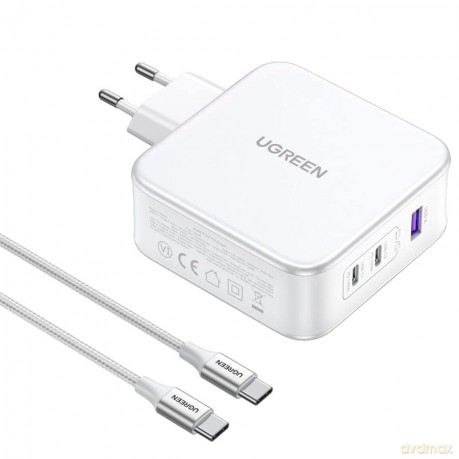 Ładowarka sieciowa GaN Ugreen Nexode CD289 USB-A/2xUSB-C 140W + kabel USB-C - USB-C 1.5m - biała