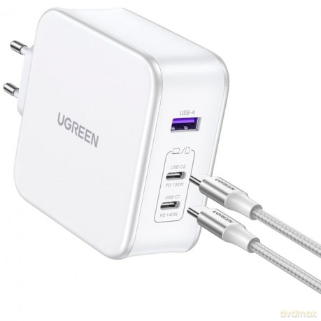 Ładowarka sieciowa GaN Ugreen Nexode CD289 USB-A/2xUSB-C 140W + kabel USB-C - USB-C 1.5m - biała