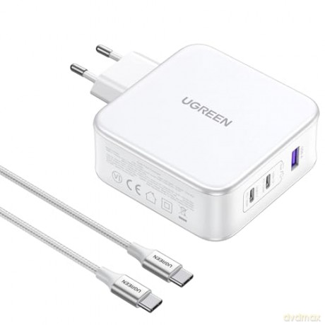 Ładowarka sieciowa GaN Ugreen Nexode CD289 USB-A/2xUSB-C 140W + kabel USB-C - USB-C 1.5m - biała