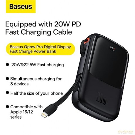 Powerbank 10000mAh 20W Baseus Qpow Pro Overseas Edition + kabel USB C 3A - czarny