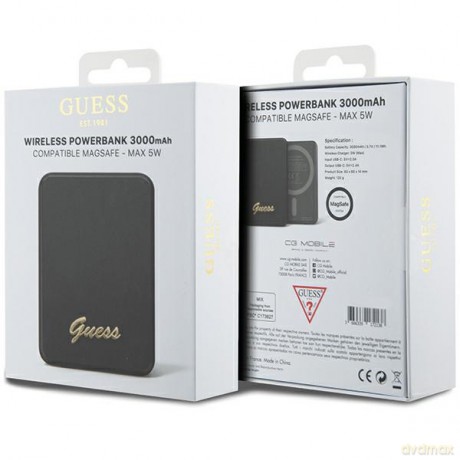 Powerbank indukcyjny Guess MagSafe Metal Script Logo 5W 3000mAh - czarny