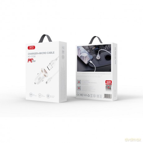 XO ładowarka samochodowa CC56 PD 30W QC 1x USB 1x USB-C biała + kabel USB - microUSB