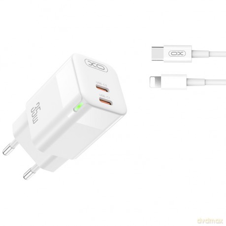 XO ładowarka sieciowa CE07 PD 35W 2x USB-C biała + kabel USB-C - Lightning