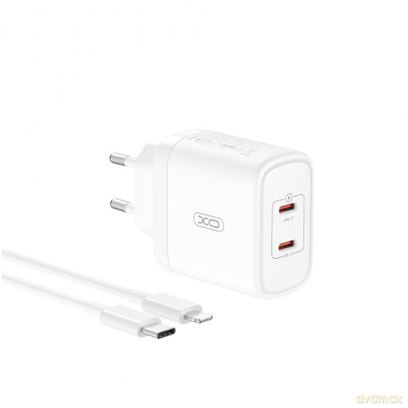 XO ładowarka sieciowa CE08 PD 50W 2x USB-C biała + kabel USB-C - Lightning
