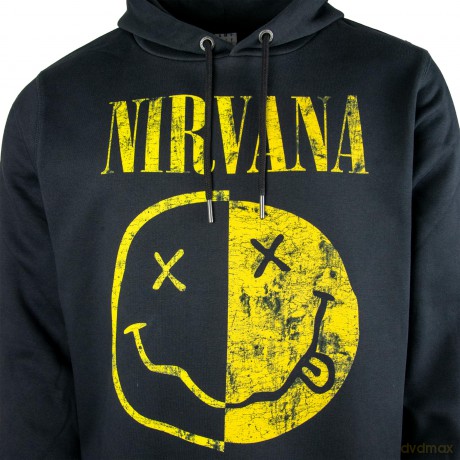 Nirvana: Nirvana Spliced Smiley Amplified Vintage Black X Large Hoodie Sweatshirt