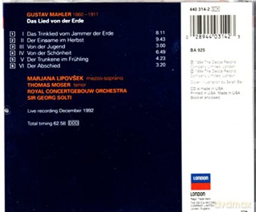 Lipvosek/Moser/Rco/S: Mahler:Das Lied Von Der Erde [CD]