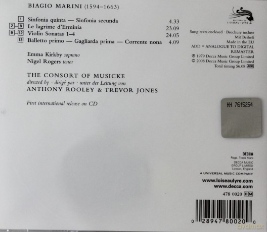 L'oiseau - Lyre: Marini:Le Lagrime D'erminia (Rooley) [CD]