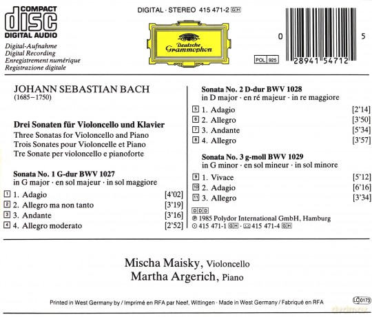 Maisky Argerich: Bachjs:Sons Cello+ Pno [CD]