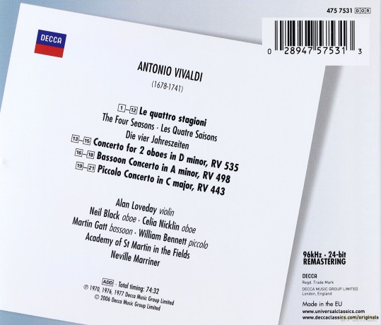 Marriner,Akad.Of.St.Martin: Vivaldi:The Four Seasons [CD]