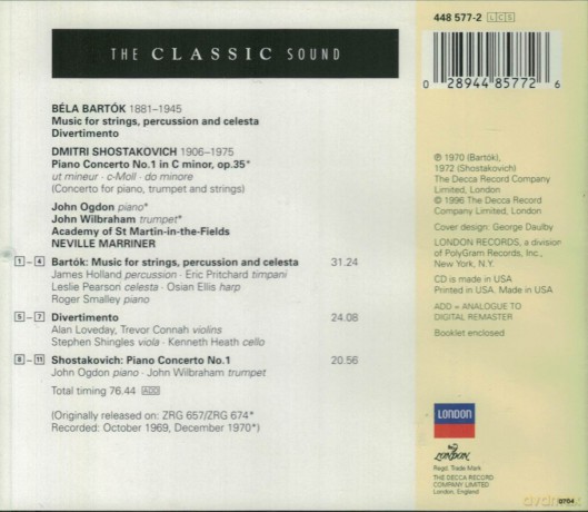 Marriner,Ogdon, Asmif: Bartok:Divertimento,Shostak:Piano Con.1 [CD]