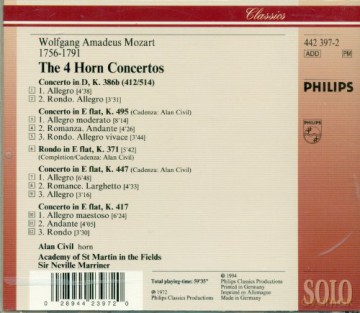 Marriner: Mozart:Horn Concertos [CD]