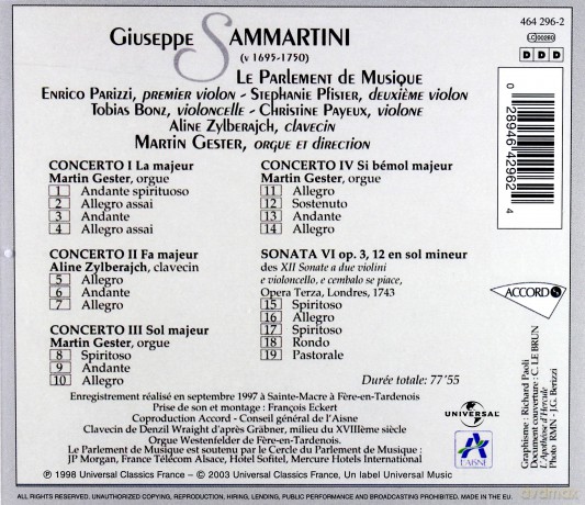 Martin Gester: Sammartini Ctos Pour Orgue [CD]