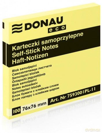 Karteczki samoprzylepne DONAU Eco, 76x76mm, 1x100 kart., jasnożółte