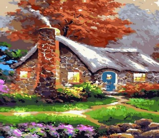 Malowanie po numerach 40x50cm Domek z kamieni w lesie, malarstwo 1008906