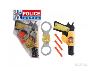 Pistolet na strzałki w kaburze + kajdanki, odznaka