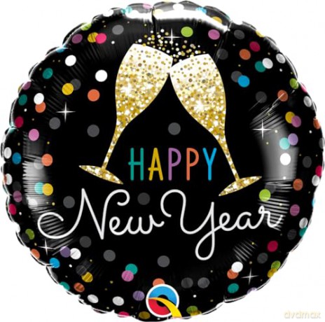 Balon foliowy 18 QL RNDHappy New Year (kolorowe kropki i złote kie