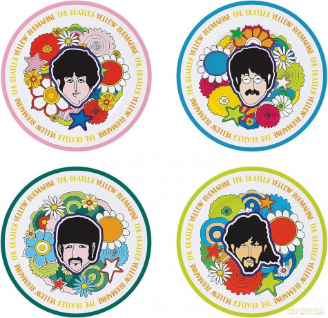 THE BEATLES - Set of 4 Plates - Yellow Sub Flowers