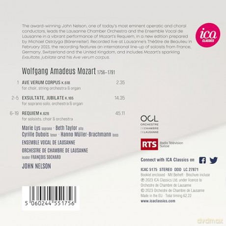 Orchestre De Chambre De Lausanne & John Nelson: Mozart: Requiem K. 626 / Ave Verum Corpus K. 618 & Exsultate / Jubilate K. 165 [CD]