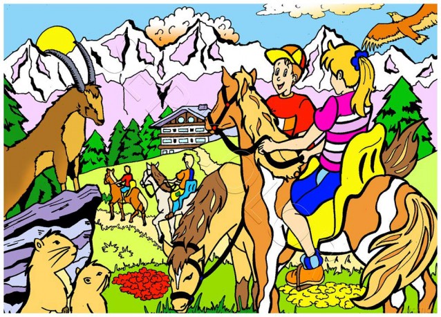 Balade A Cheval en Montagne - Tableau A COLORIER