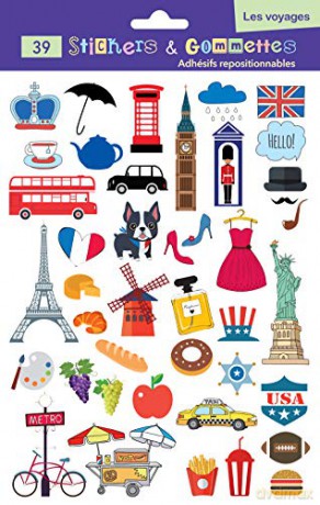 39 Stickers REPOSITIONNABLES Voyages GOMMETTES Londres Paris Brillantes Scrapbooking Autocollant