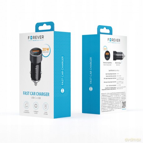 Forever ładowarka samochodowa PD QC CC-06 1x USB-C 1x USB 20W czarna + kabel USB-C - USB-C 60W