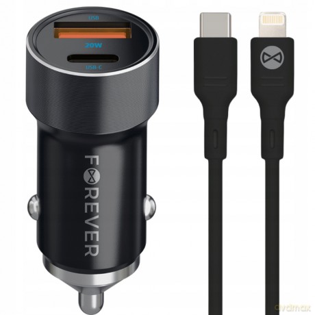Forever ładowarka samochodowa PD QC CC-06 1x USB-C 1x USB 20W czarna + kabel USB-C - Lightning 27W
