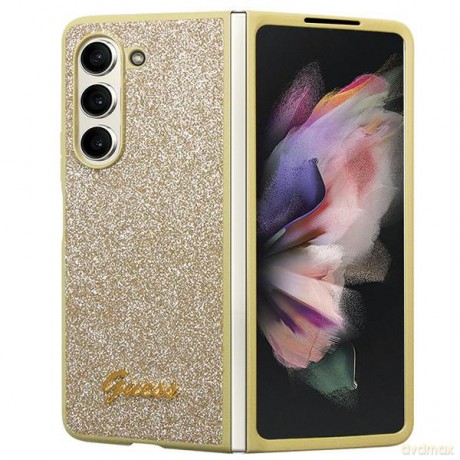 Guess nakładka do Samsung Z Fold5 GUHCZFD5HGGSHD złota PU/TPU Glitter Script