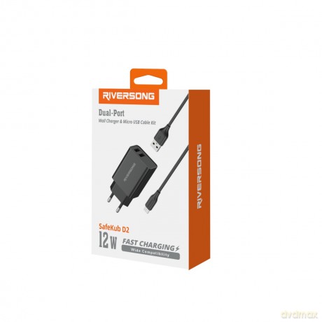 Riversong ładowarka sieciowa SafeKub D2 2x USB 12W czarna + kabel USB - microUSB AD29 + CM85