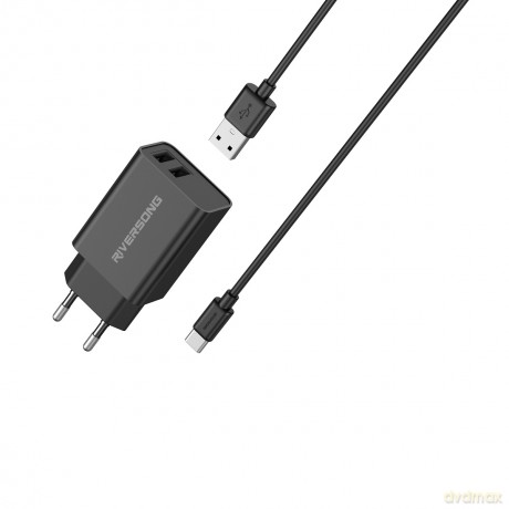 Riversong ładowarka sieciowa SafeKub D2 2x USB 12W czarna + kabel USB - USB-C AD29 + CT85
