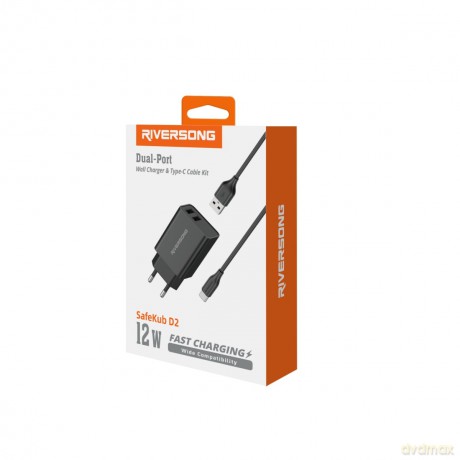 Riversong ładowarka sieciowa SafeKub D2 2x USB 12W czarna + kabel USB - USB-C AD29 + CT85
