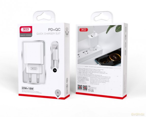 XO ładowarka sieciowa CE02A PD 20W QC 3.0 18W 1x USB 1x USB-C biała + kabel USB-C - Lightning