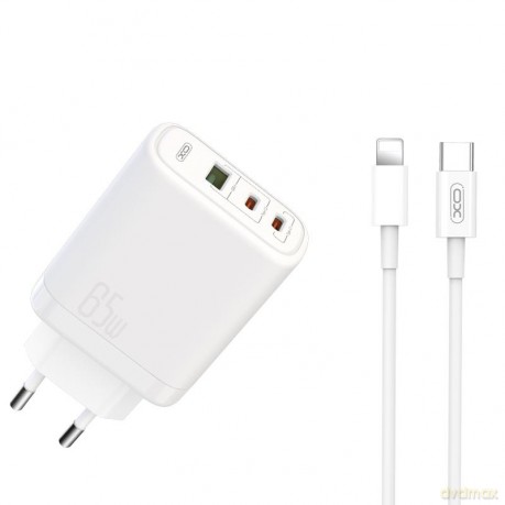 XO ładowarka sieciowa CE04 PD 65W QC 4 45W 1x USB 2x USB-C biała + kabel USB-C - Lightning