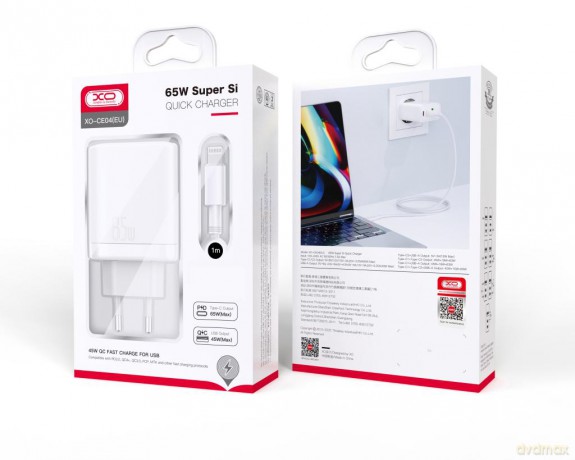 XO ładowarka sieciowa CE04 PD 65W QC 4 45W 1x USB 2x USB-C biała + kabel USB-C - Lightning