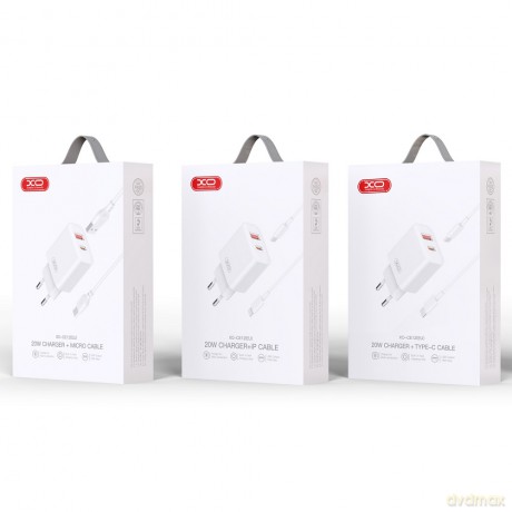 XO ładowarka sieciowa CE12 PD QC 3.0 20W 1x USB 1x USB-C biała + kabel USB-C - USB-C