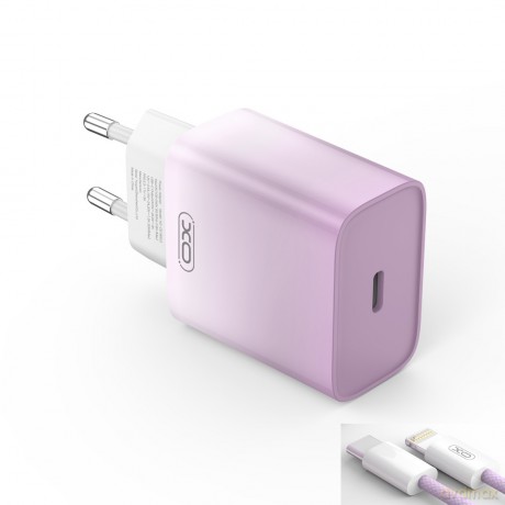 XO ładowarka sieciowa CE18 PD 30W 1x USB-C fioletowo-biała + kabel USB-C - Lightning