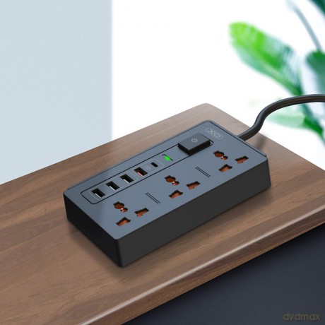 żXO przedłużacz ładowarka sieciowa WL06 PD QC 3.0 czarna 1,8m 1x USB-C 4x USB 10A 2300W MAX