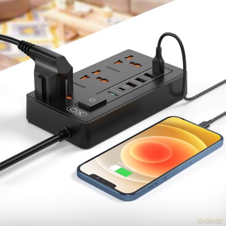 żXO przedłużacz ładowarka sieciowa WL06 PD QC 3.0 czarna 1,8m 1x USB-C 4x USB 10A 2300W MAX