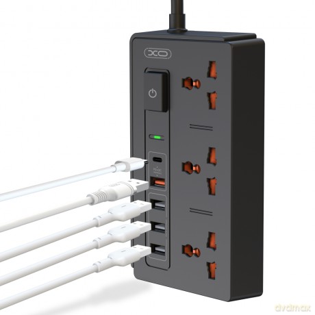żXO przedłużacz ładowarka sieciowa WL06 PD QC 3.0 czarna 1,8m 1x USB-C 4x USB 10A 2300W MAX