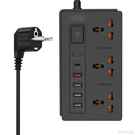 żXO przedłużacz ładowarka sieciowa WL06 PD QC 3.0 czarna 1,8m 1x USB-C 4x USB 10A 2300W MAX