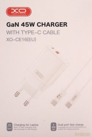 XO ładowarka sieciowa CE16 PD 45W 1x USB-C 1x USB biała + kabel USB-C - USB-C