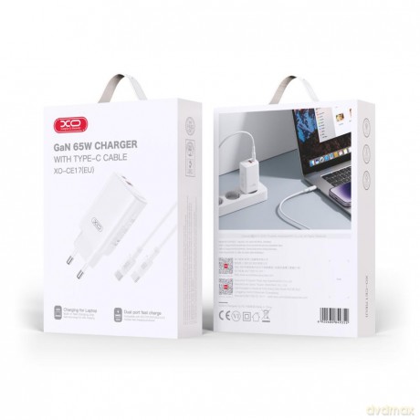 XO ładowarka sieciowa CE17 PD 65W 1x USB-C 1x USB biała + kabel USB-C - USB-C