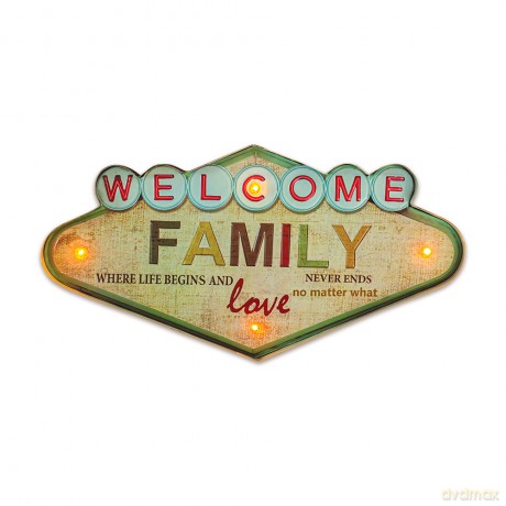 Znak Metalowy RETRO LED Welcome Family Forever Light