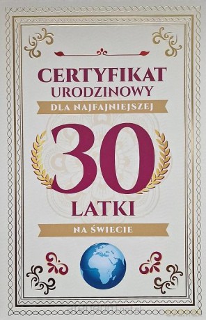 Karnet Certyfikat Urodzinowy 30 urodziny damskie