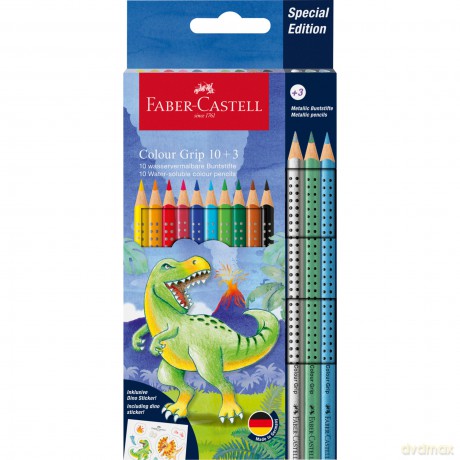 Kredki Grip dinozaury Faber-Castell 10 kolorów + 3 kolory metaliczne + naklejki