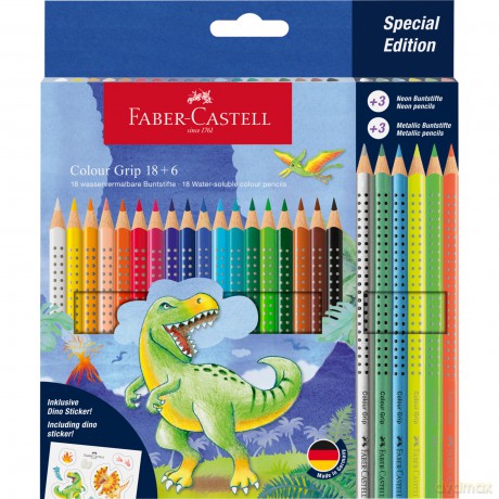 Kredki Grip dinozaury Faber-Castell 18 kolorów + 6 kolorów metalicznych + naklejki