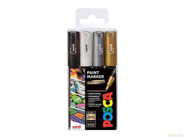 Posca - PC1MC - Extra Fine Tip Pen - Gold, Silver, Black and White, 4 pc