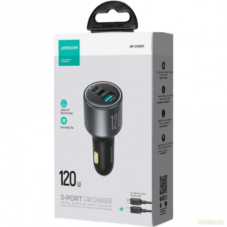 Ładowarka samochodowa Joyroom JR-CCN07 120W 2xUSB-C USB-A + kabel USB-C 100W - ciemnoszara