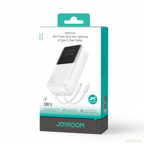 Mini powerbank Joyroom JR-PBC07 20000mAh 30W z kablami USB-C i Lightning - biały