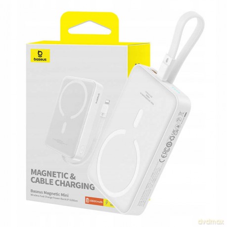 Powerbank Baseus Magnetic Mini MagSafe 10000mAh 20W z wbudowanym kablem Lightning - biały + kabel Baseus Simple Series USB-C - USB-C 60W 0.3m
